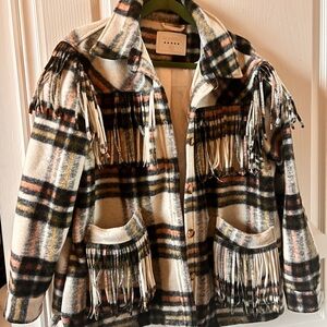 Blank NYC Plaid Fringe Jacket in Cream, Black & Rust